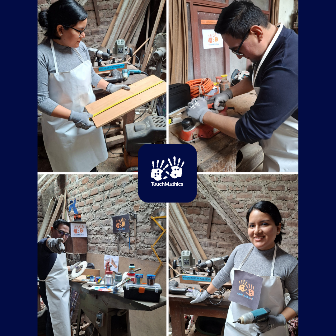Collage de 4 fotos de Brenda y Joel trabajando en un taller de carpintería. Logo de TouchMathics al centro.