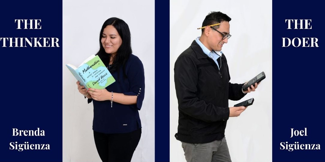 Foto de perfil de Joel, hombre sonriente, sujetando dos calculadoras. Tiene un lápiz amarillo en una oreja. También está Brenda, mujer sonriente sosteniendo un libro de matemáticas en inglés.